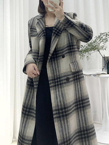 Airchics manteau en laine carreaux double boutonnage avec poches femme oversized bleu gris